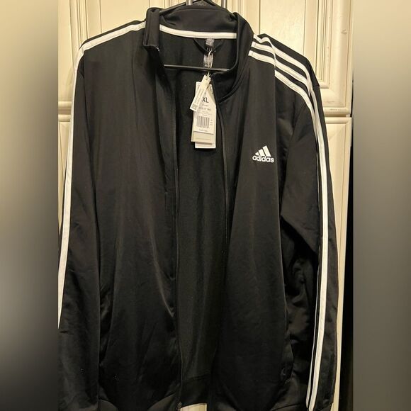 Adidas Men's Black Zip Front Jacket White Stripes Pockets Size XL - Picture 1 of 10